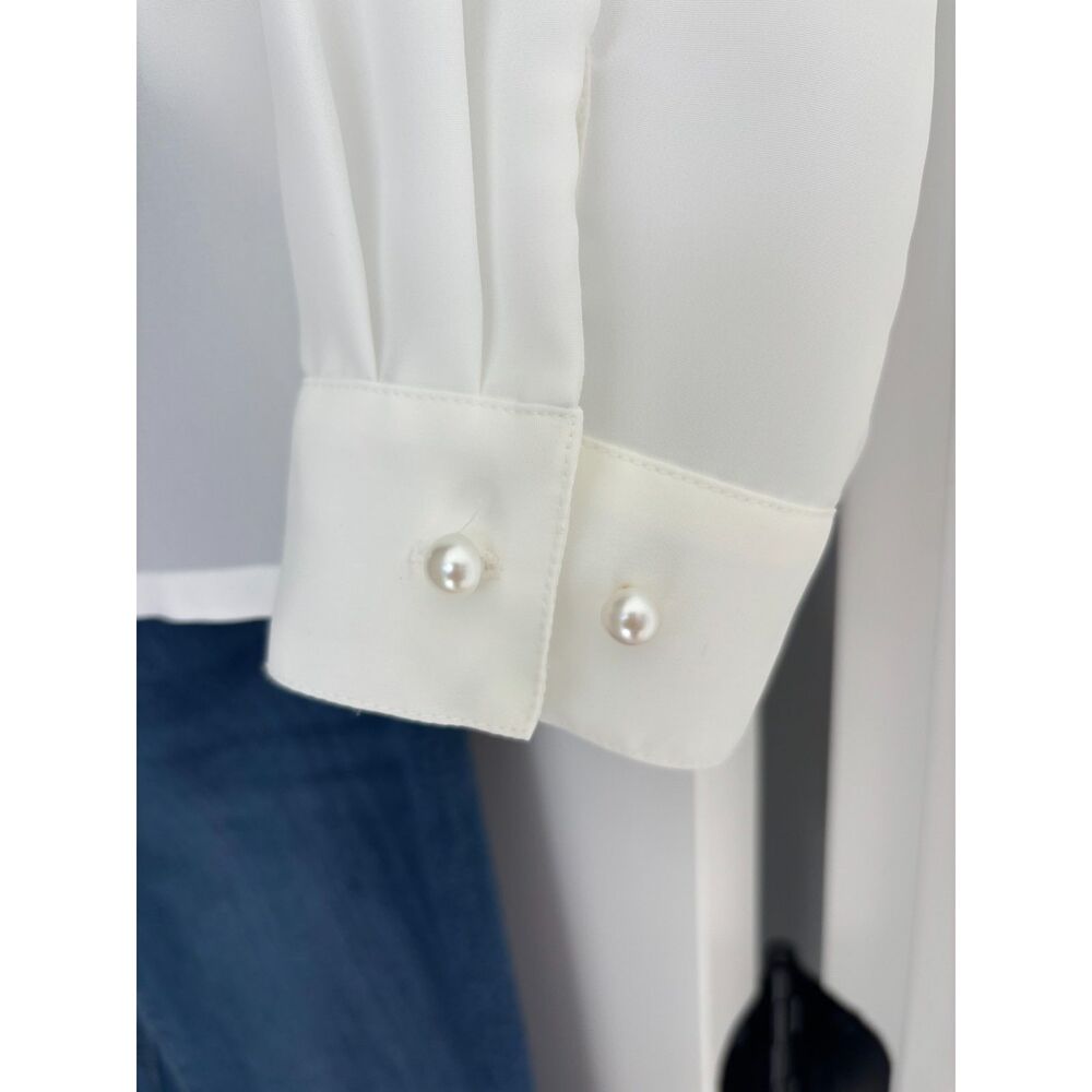 VTG 80s Kathy Che White Embroidered Pearl Scalloped Statement Collar Blouse M L - Picture 6 of 8